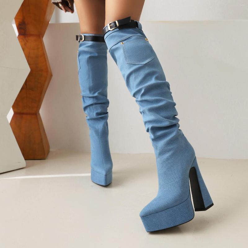 

Boots 2022 Winter Pointed Toe Platform Thick Heel Super High Denim Straight Over The Knee Large Size Women's, Picture shown