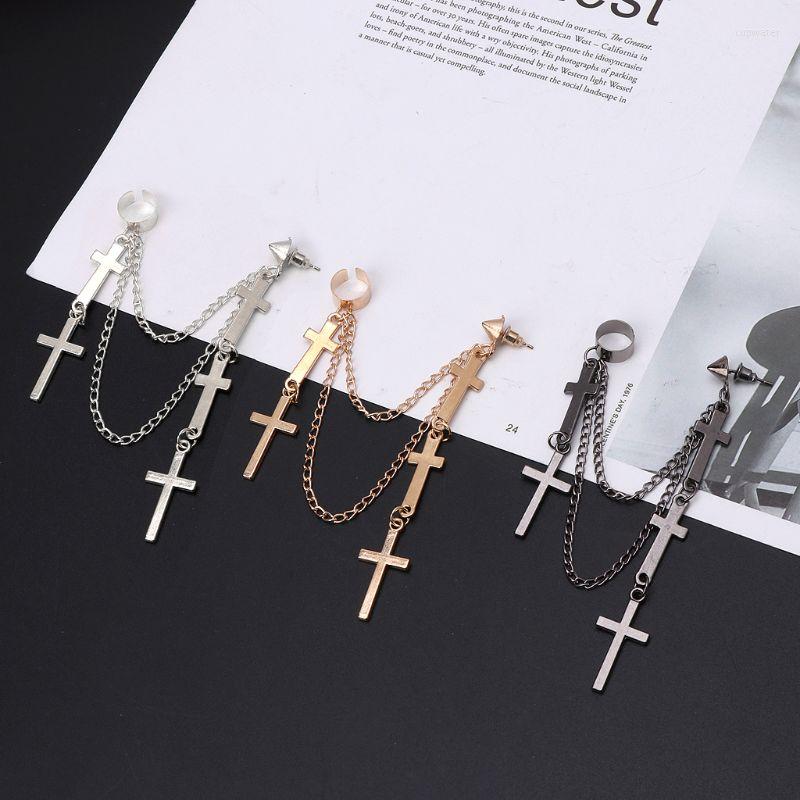 

Backs Earrings Gothic Punk Cross Long Tassel Double Chains Ear Cuff Fashion Jewelry
