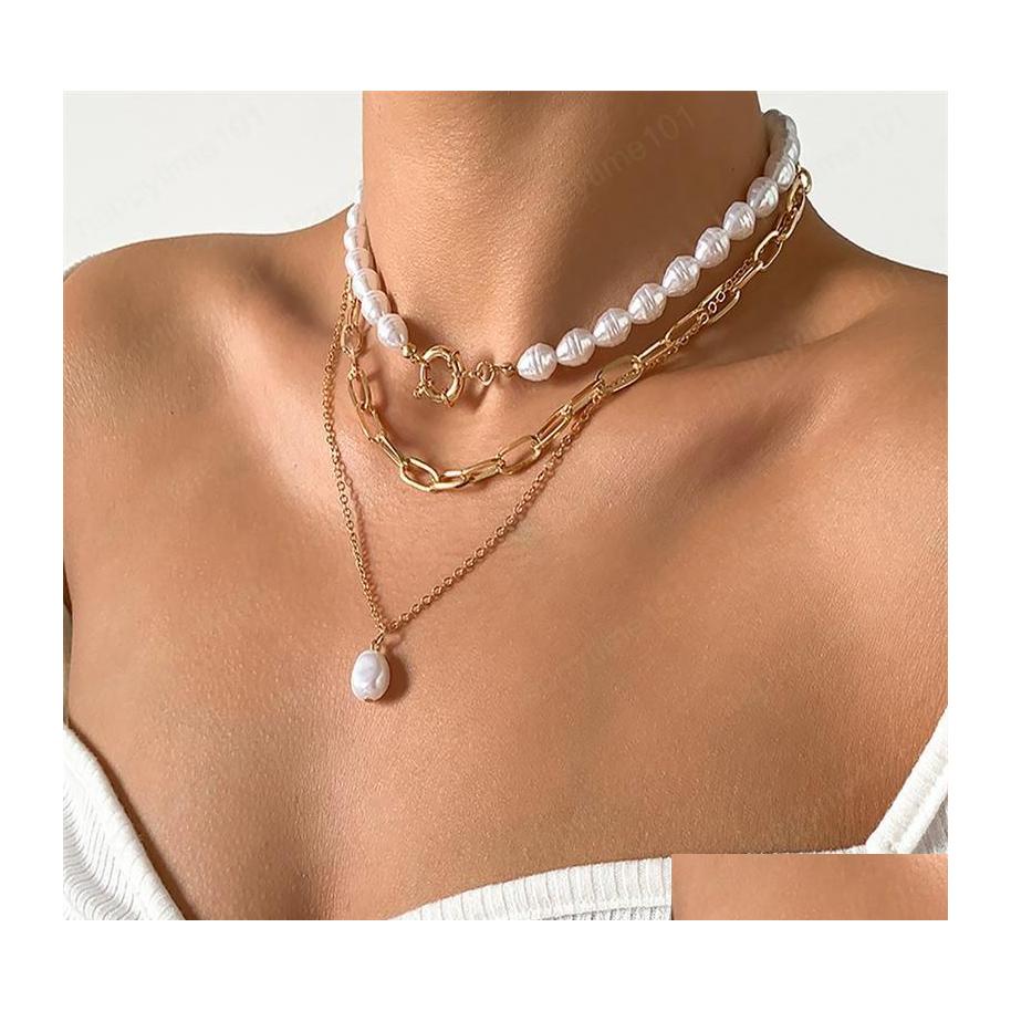 

Pendant Necklaces Imitation Pearl Pendant Necklaces Mti Layer Hollow Thick Thin Chains European Women Mixed Beaded Circle Neck Jewel Dhavi
