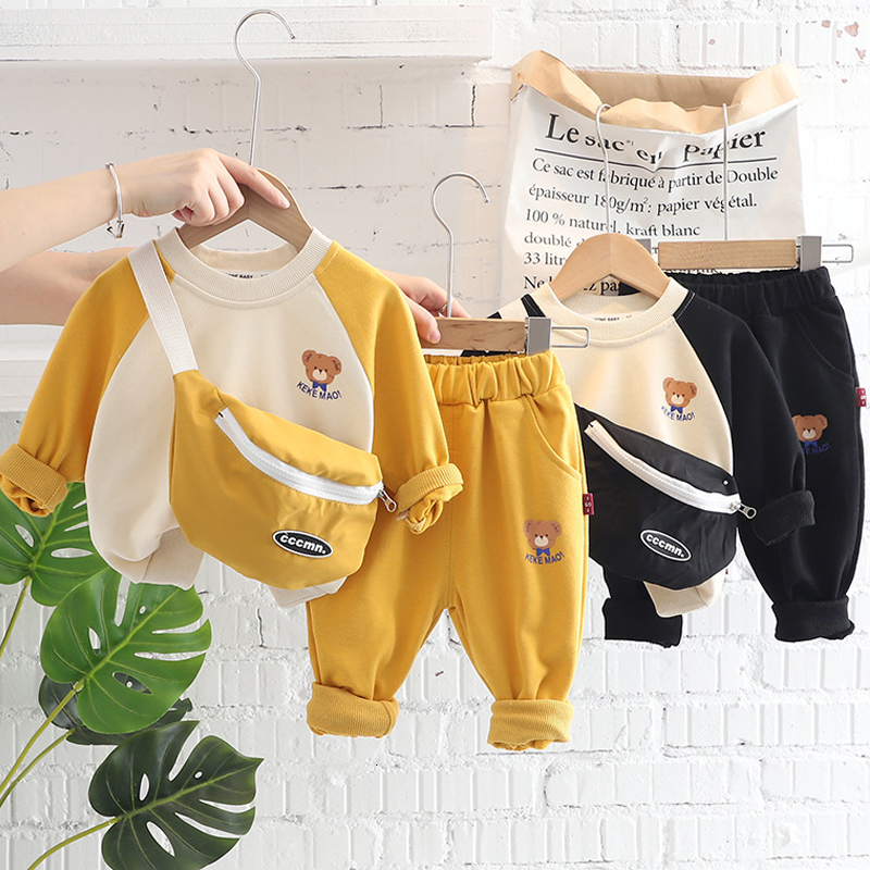 

Clothing Sets Spring Children's suit children's sports leisure hooded set boy and girl baby black cartoon pocket bear sweater splicing 221130, Blue