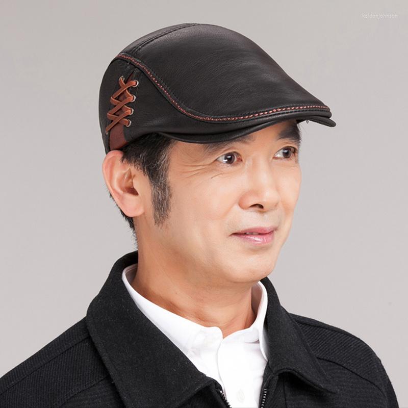 

Berets Real Leather Sboy Cap Winter Male Warm Visors Fashion Snapback Cowhide Caps For Men Bone Gorras Casquette, Black