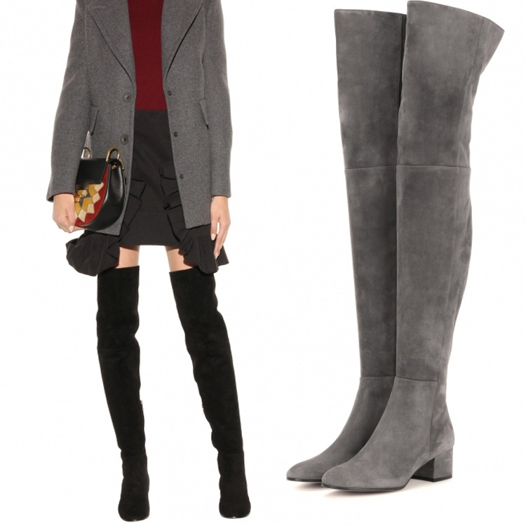 

Fashion Flock Solid Thigh High Boots Soft Winter Chunky Heels Round Toe Women Shoes Over The Knee Booties, Grey