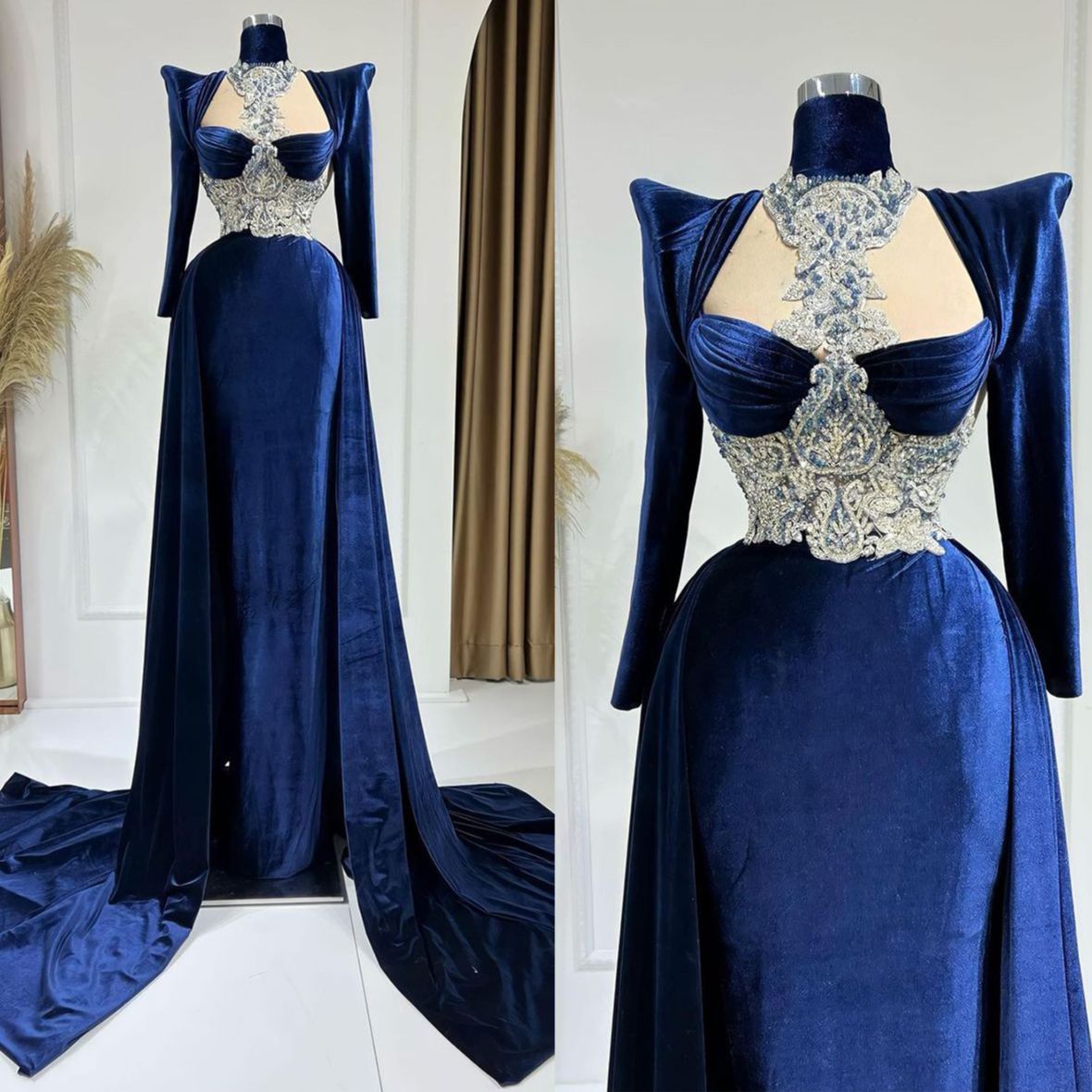 

Fashion Royal Blue Mermaid Evening Dresses Sexy High Neck Applique Prom Dress Floor Detachable Train Velvet Formal Party Gowns, Dark green