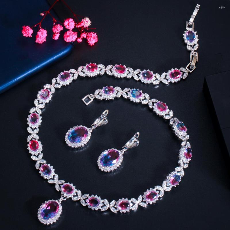

Wedding Jewelry Sets CWWZircons Elegant Mystical Rainbow Cubic Zirconia Crystal Oval Drop Earrings And Necklace Set For Women Party Gift