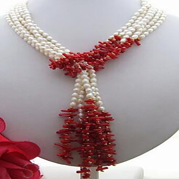 

fashion Women's jewelry3Strds 50" White Pearl Coral Necklace