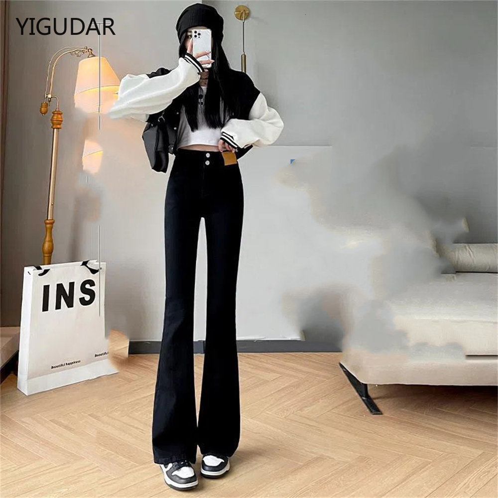 

Women's Jeans winter thick warm women jeans high waist wide leg flare Capris pants for OL office skinny woman trousers 221201, Black no velvet