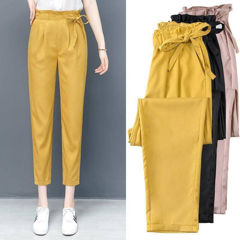 

Women's Pants Summer Thin Foreign Style Flower Bud Waist Women Korean Loose And Feet Nine Point Casual Female Trousers, Yellow