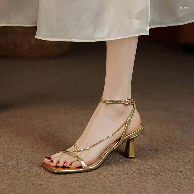 

Sandals 2022 Golden Roman Women With Thin Summer Fashion European And American Sexy Leather Chain Square Toe High Heels, Black
