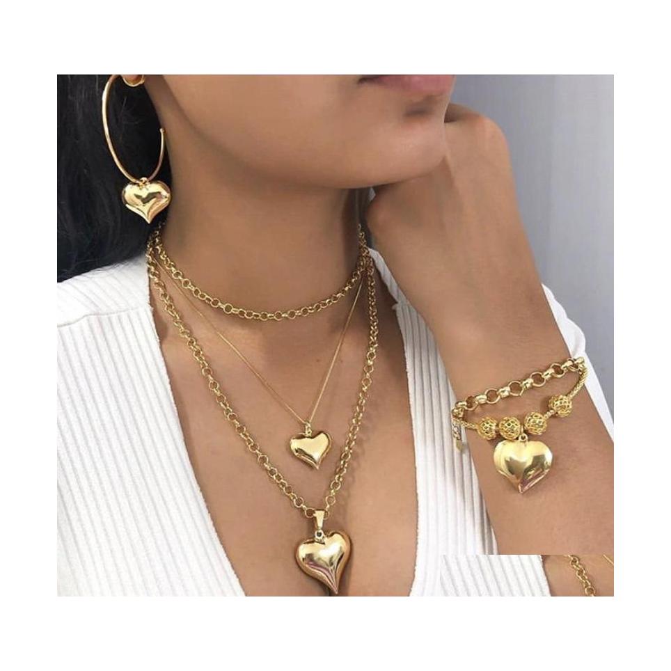 

Bracelet Earrings Necklace Fashion Jewelry Set Womens Love Heart Mti Layer Necklace Bracelet Hoop Earrings Drop Delivery Sets Dhqjo, Golden