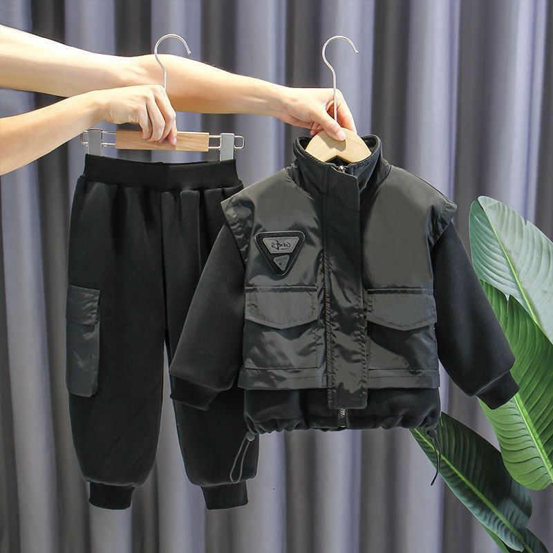 

Clothing Sets Boys Autumn And Winter Clothes Plus Velvet Thickening Suit Children's Style Handsome Boy 221130, Beige