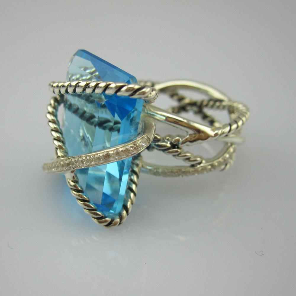 

Luxury 925 Sterling Silver Rings 20x15mm Blue Topaz Cable Wrap Ring Gemstone Jewelry Rose Quartz Black Onyx Women Ring