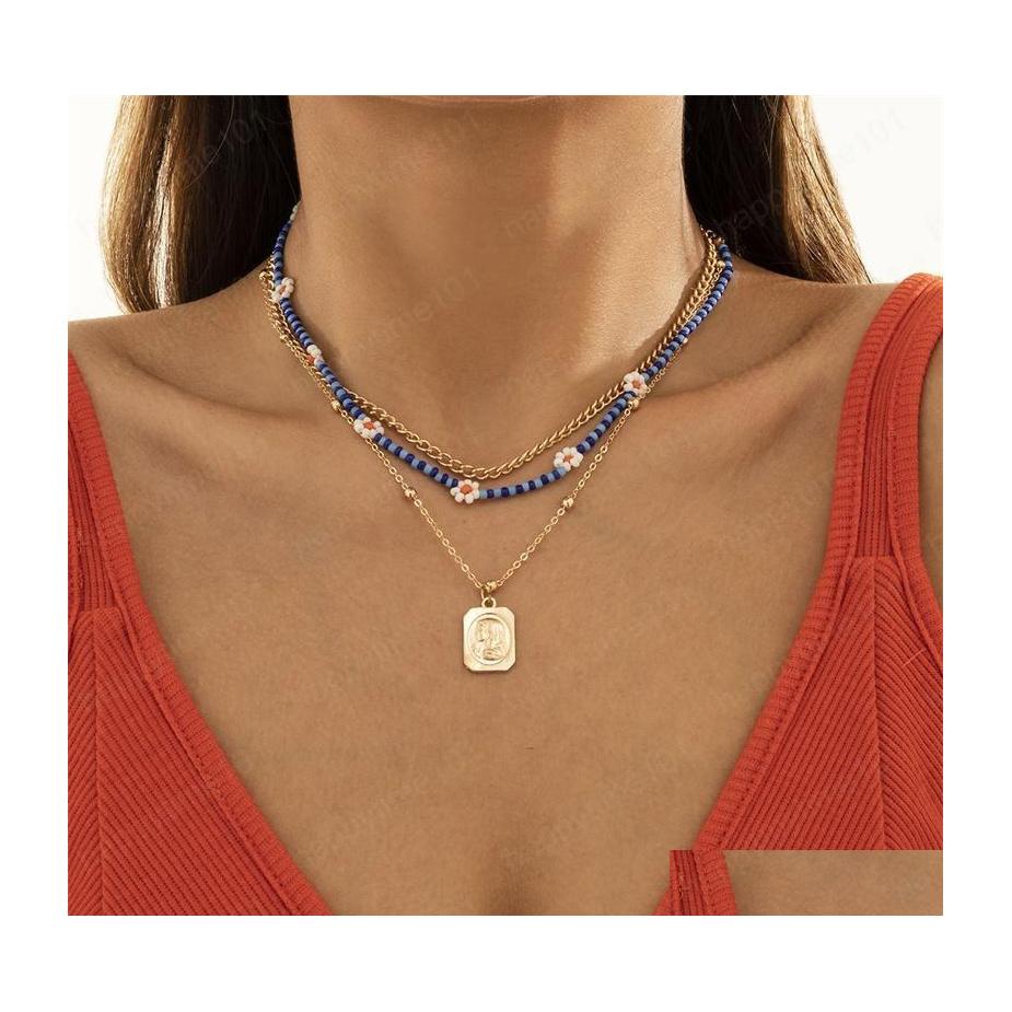 

Pendant Necklaces Square Brand Pendant Necklaces Women Mti Layer Splicing Flower Beaded Clavicle Chain Bohemian Woven Contrast Color Dh8Wv