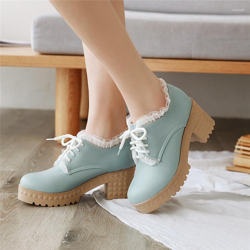 

Dress Shoes YQBTDL College Style Sweet 2022 Platform Heels Lace Up Pumps Women Ruffles Block High Heel Pink Blue Ladies Daily Casual, Beige