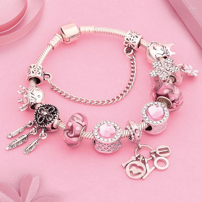 

Charm Bracelets Cute Pink Crystal Bead Bracelet Flower Dream Catcher I Love You Little Priceness Prince Girl Gift