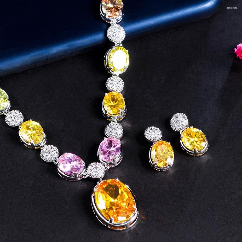 

Necklace Earrings Set CWWZircons Shiny Multicolor Big Oval Cubic Zirconia Paved Bride Wedding Jewelry High Quality Party Costume Accessories, Picture shown