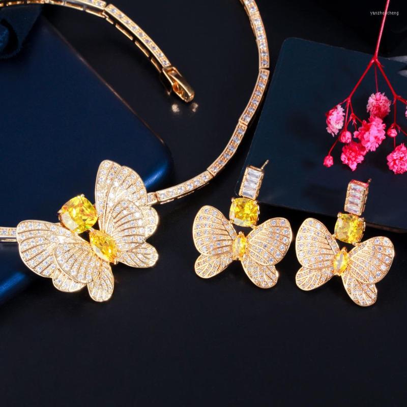 

Wedding Jewelry Sets CWWZircons Big Butterfly CZ Bridal Choker Necklace Earring Collection Set African Dubai Gold Color Costume T535