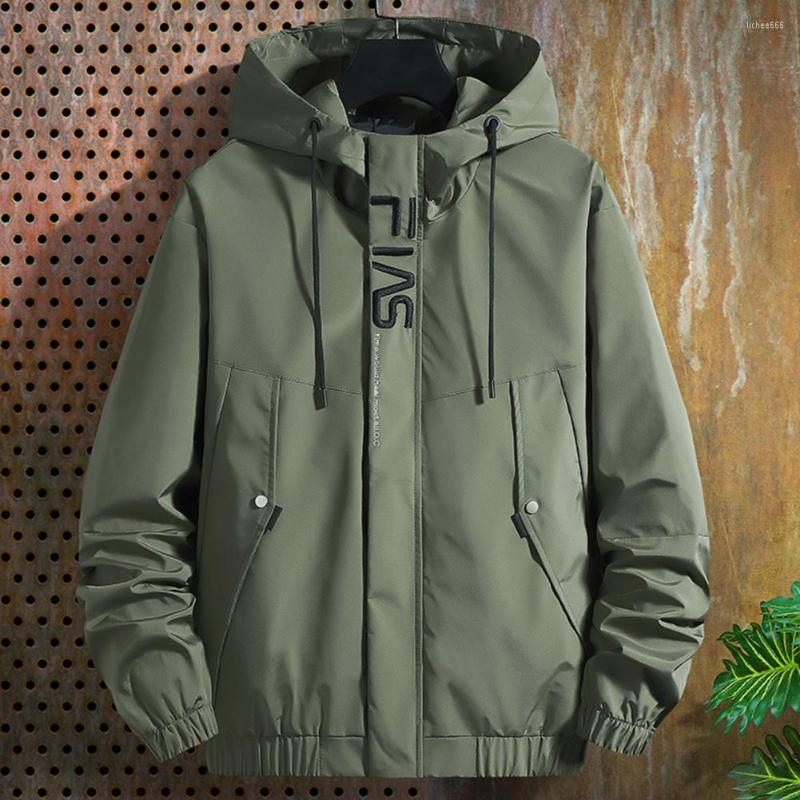 

Men's Jackets Spring Autumn Men Jacket Letter Solid Color Drawstring Outdoor Sports Trendy Zipper Elastic Cuff Outerwear Streetwear, Black