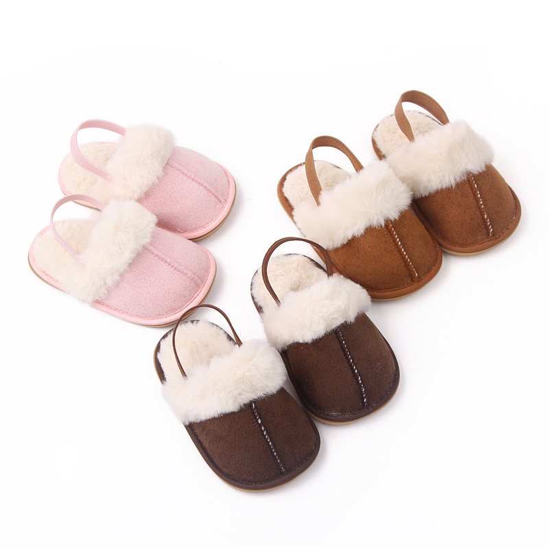 

First Walkers for Baby Winter Slippers Newborn Boys Solid Color Sewing Plush Warm Toddler Fashion Girls Cotton Shoes, Brown