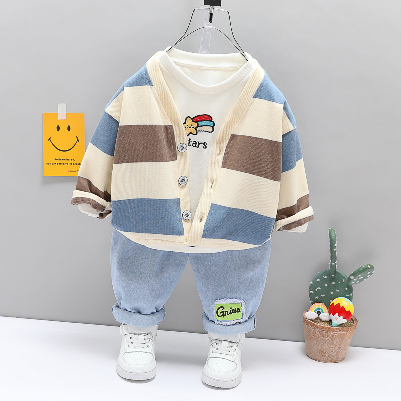 

Clothing Sets Fashion Children Boy Outfits Set High Quality Striped Coat T Shirt Jeans Pants 3PCS Boys Kids Clothes 1 2 3 4 Years 221130, Blue no shoes