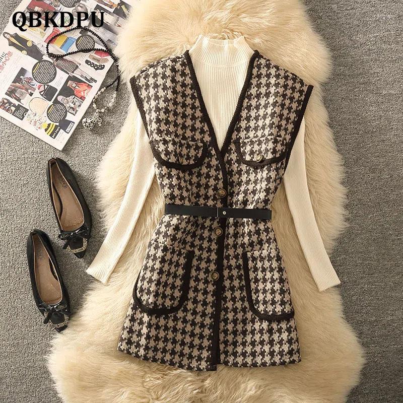 

Women's Vests Casual Plaid Mid-Length Tweed Vest Jacket Elegant Belted Long Waistcoat And Knitted Sweater Vintage 2 Piece Set Women Outfits, Khaki only vest