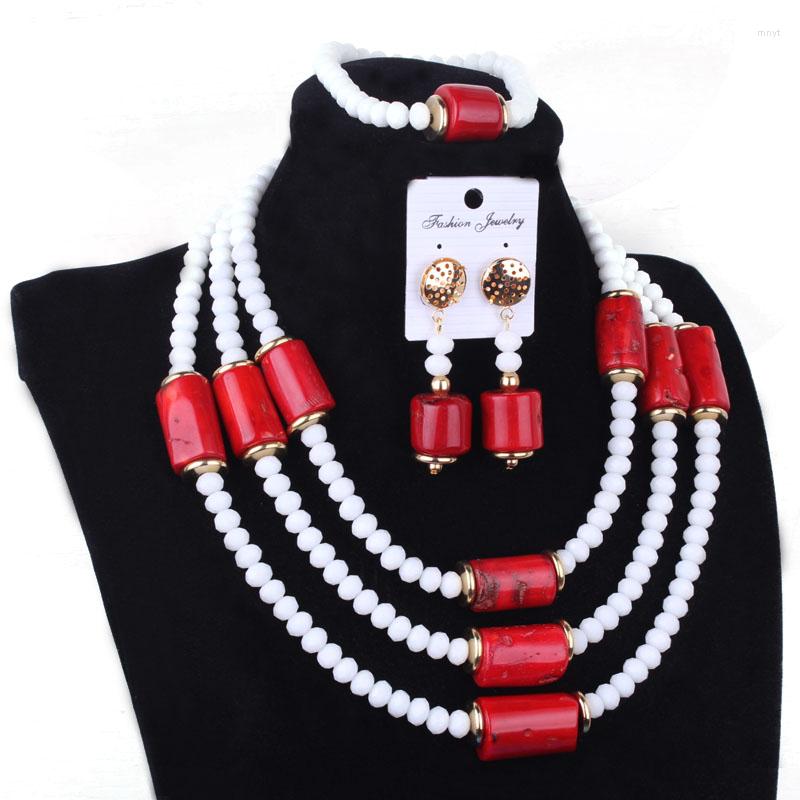 

Necklace Earrings Set 4ujewelry African Bridal Jewelry Nature Red Coral Beads 3 Layers Nigerian Jewellery 2022, Picture shown