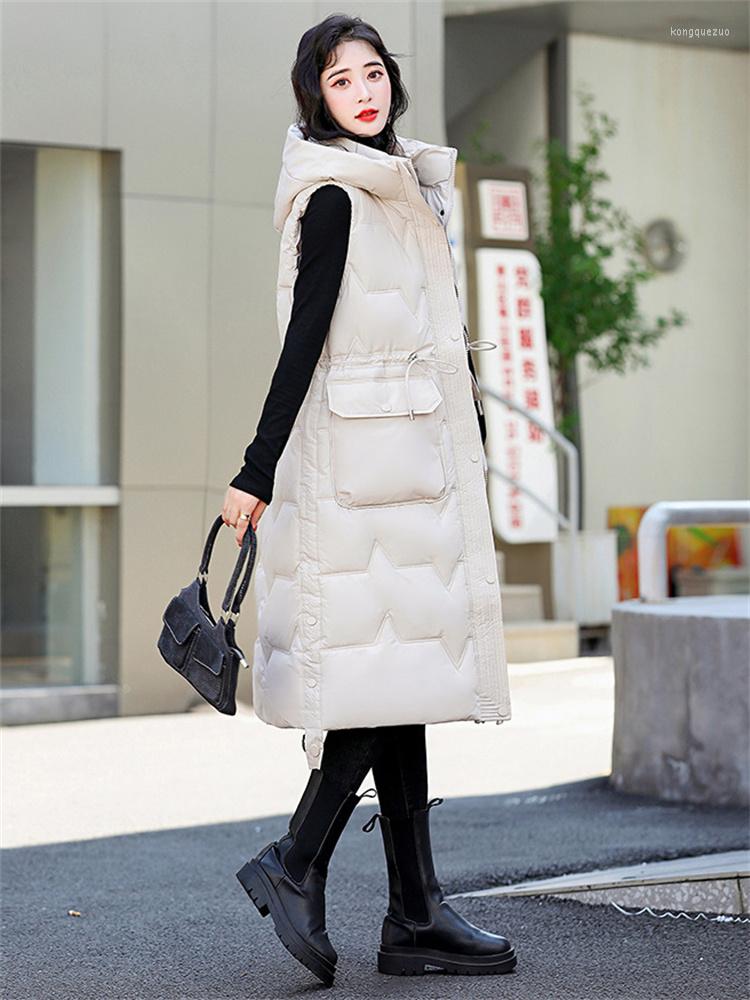 

Women's Vests Long Vest Women White Sleeveless Waistcoat 2022 Autumn Winter Fashion Drawstring Slim Thick Warmth Hooded Tops Outwear Black