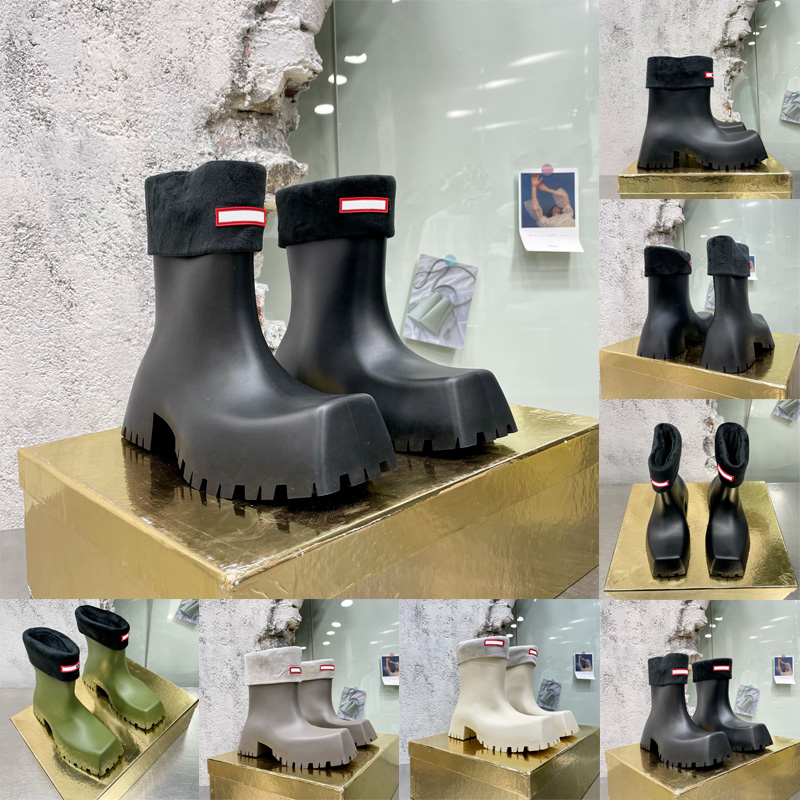 

Designer Women Boots Trooper Square Toed Warm Wool Fur Furry Inner Rubber Boot Eva Rainboot Over The Knee Half Woman Ladies Fashion Winter Shoes
