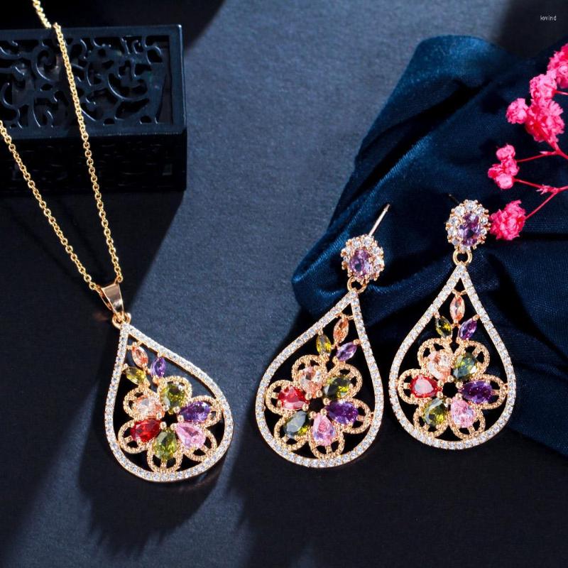 

Necklace Earrings Set CWWZircons Dangle Drop Yellow Gold Vintage Flower Multi Color Cubic Zirconia And T228, Picture shown