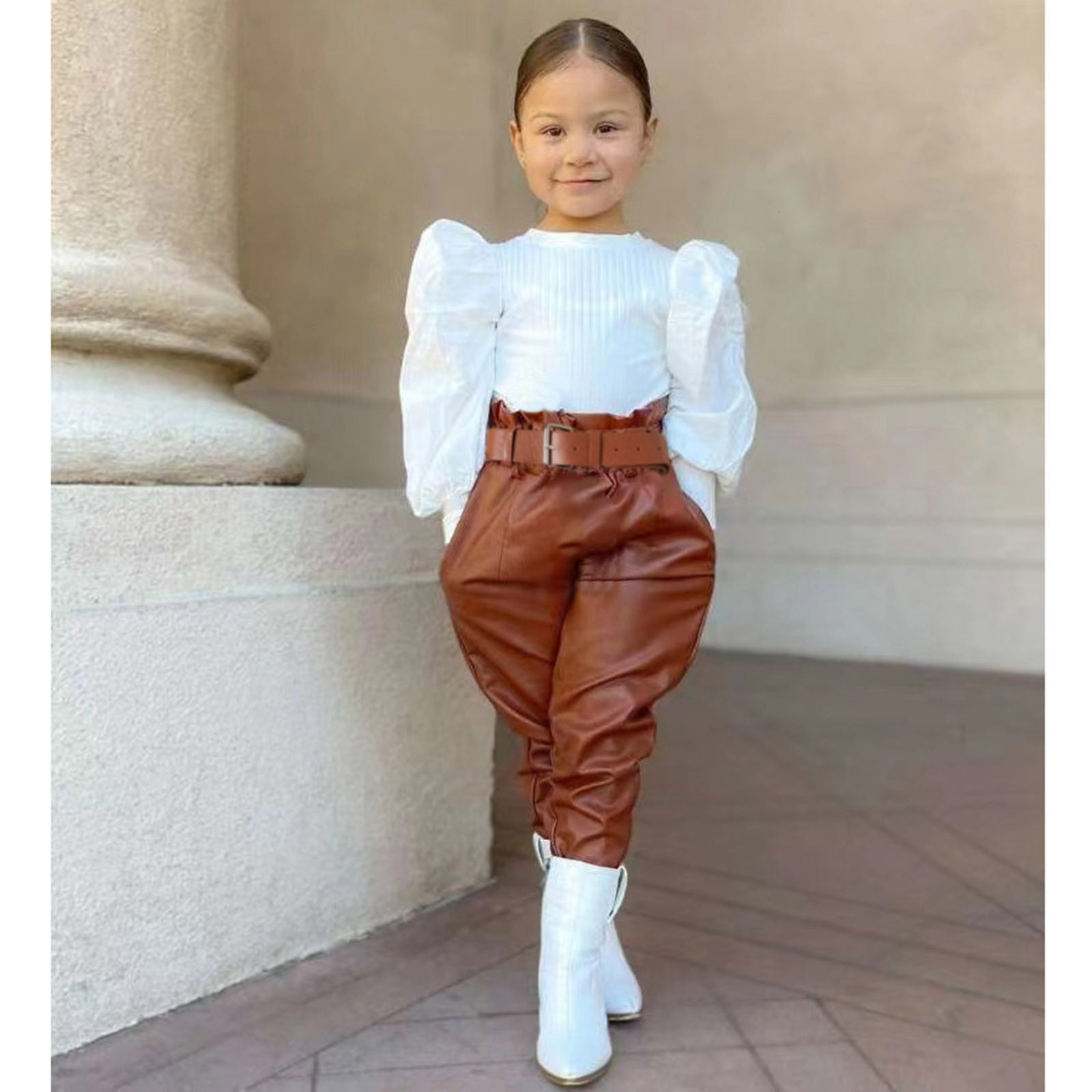 

Clothing Sets Elegant Fashion Kids Girls Clothes Set Puff Sleeve Ribbed Blouse T Shirt Tops PU Leather Long Pants With Belt 2PCS Suit 221130, Wh