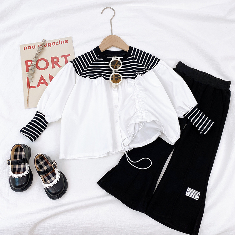 

Clothing Sets Girls' Korean Style Striped Patchwork Top Flared Pants Two piece Set Fashion Clothes Baby Boutique Wholesale 221130, White