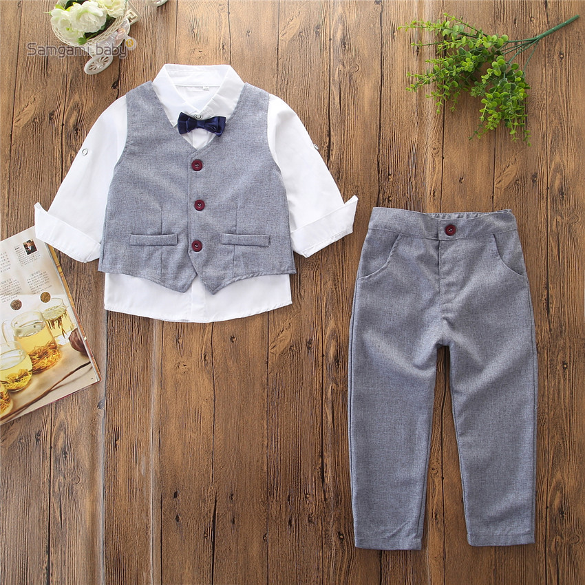 

Spring/Autumn Baby Boy Gentleman Set White Shirt with Bow Tie Vest Trousers 3Pcs Formal Kids Clothes Set, As picture
