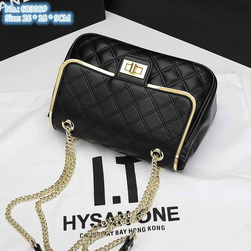 

Wholesale factory ladies shoulder bags elegant atmosphere black leather handbag classic sewing plaid chain bag flip metal edge fashion coin purse, Black1-68306#