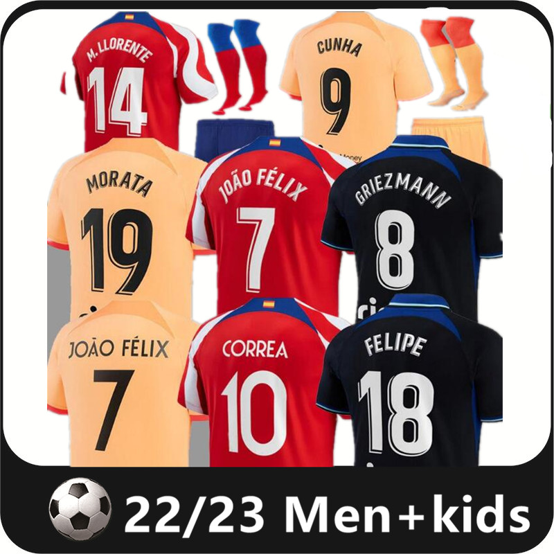 

22 23 Cunha soccer jerseys 2022 2023 M. LLORENTE KOKE SUAREZ GRIEZMANN JOAO FELIX camiseta men kids kit football shirts set R. DE PAUL Carrasco Atletico MadridS S-4XL, 22/23 away kit