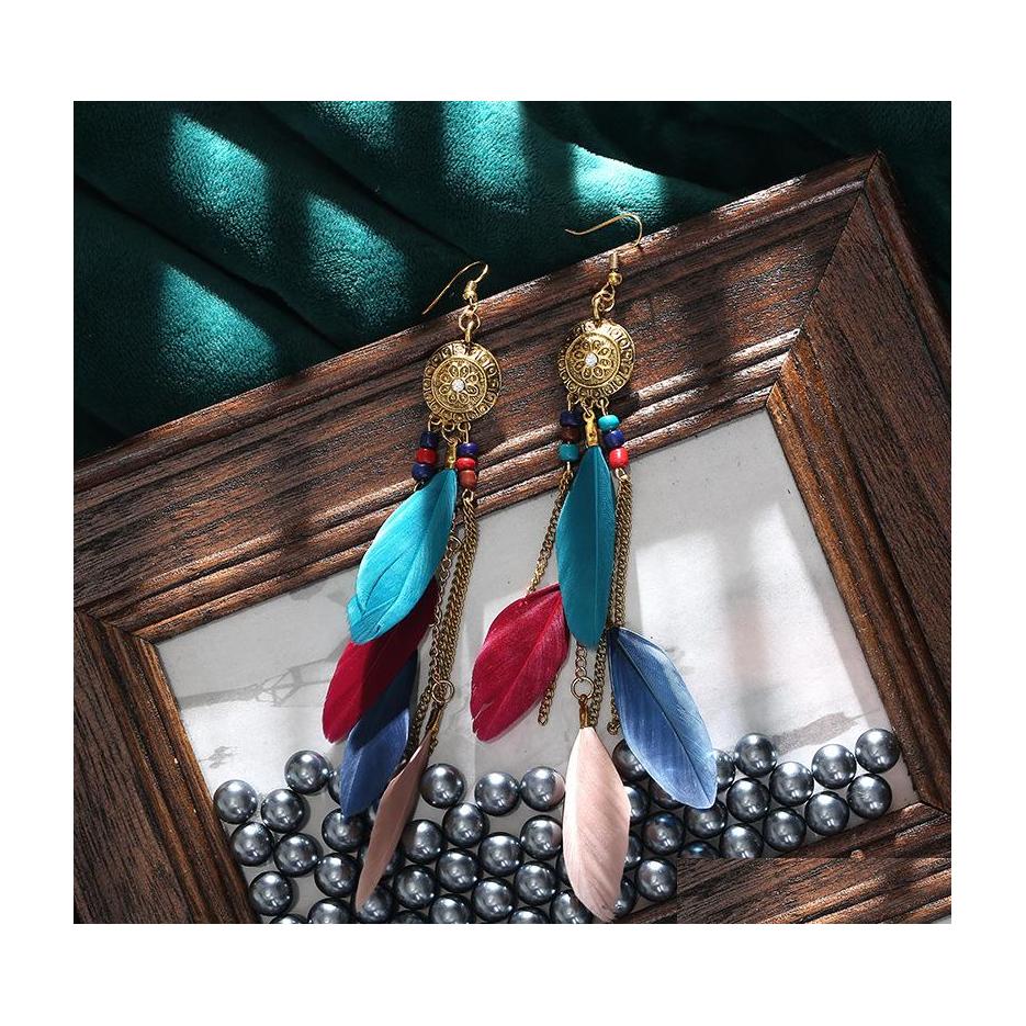 

Stud Bohemian Fashion Jewelry Vintage Feather Earrings Long Tassels Dangle Drop Delivery Dhbgx