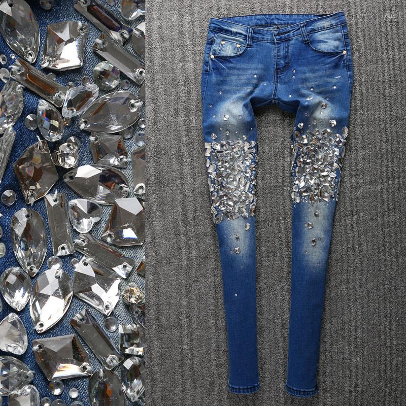 

Women's Jeans Luxury Women Rhinestones Diamond Denim Female Skinny Stretch Pencil Slim Bling-Bling Pants Ankle Length, Blue