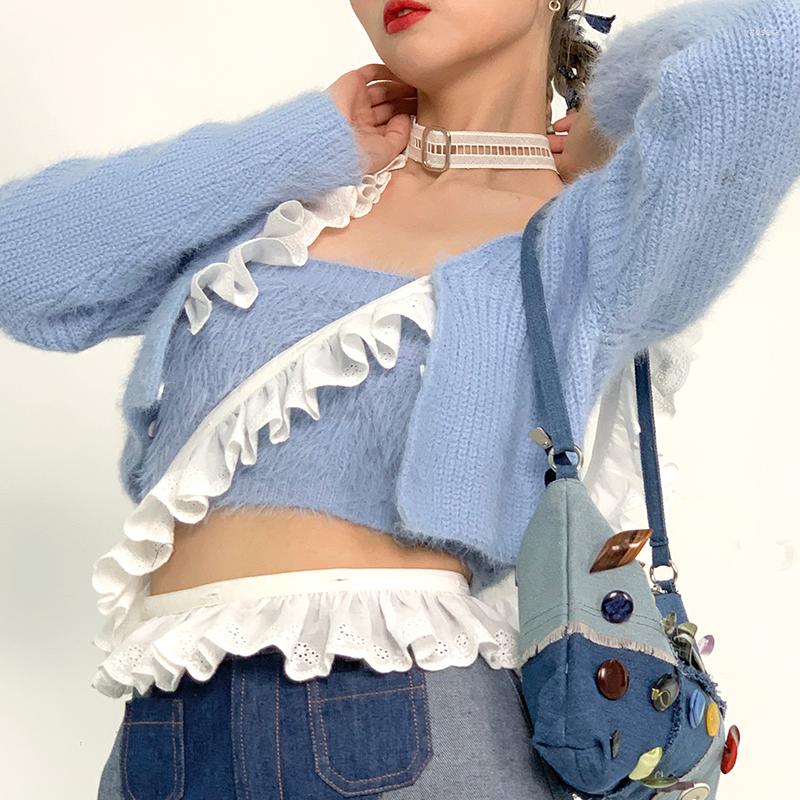 

Women's Vests MOF Store Girl Light Blue/Black Removable Lace Trim Plush Knitted Cardigan Suit Plaid Vest, Picture color