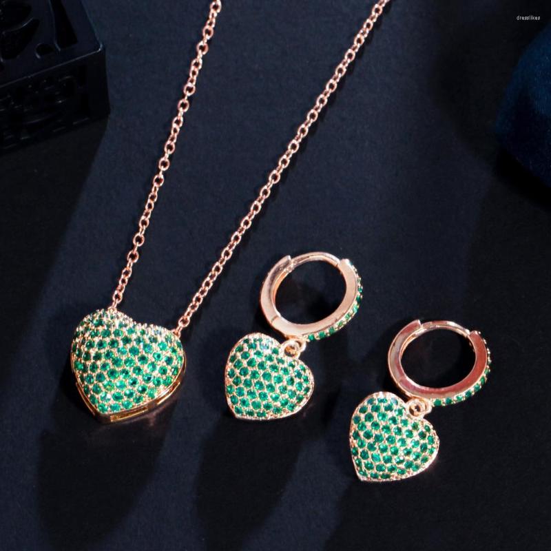 

Necklace Earrings Set CWWZircons Classic Trendy Green Cubic Zirconia Heart Shape Pendant And CZ For Women Gift T606, Picture shown