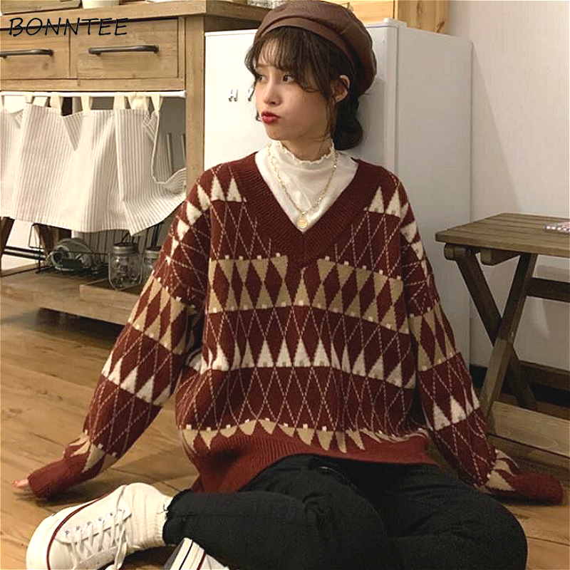 

Women' Sweaters Women Vintage Argyle Korean All-match Chic V-Neck Ladies Pullovers Student Lazy Style Winter Womens Sweater 221201, Apricot