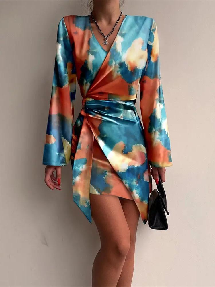 

Casual Dresses Mandylandy Tie Dye Print Long Sleeve Wrap Dress For Women Fashion Summer V Neck Vacation Mini Streetwear, Multicolor