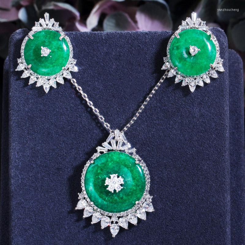 

Necklace Earrings Set CWWZircons Fashion Brand Silver Color Green Cubic Zirconia Stone Jewelry For Female Engagement Wedding Accessories, Picture shown