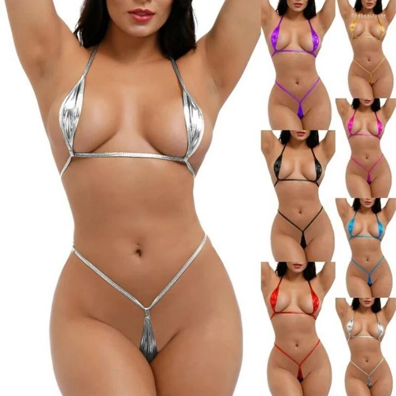 

Bras Sets 2022Sexy Women Plus Size Swimwear Bikinis Backless Micro Thong Bodysuit Patent Leather Bronzing Halter String Nightclub