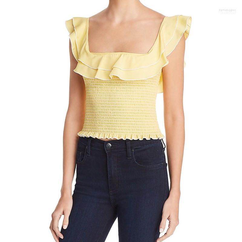 

Women' Blouses Hirigin Fashion Women Summer Elasticity Solid Yellow Ruffles Top Sleeveless Shirt Blouse Casual Shirts Female Women