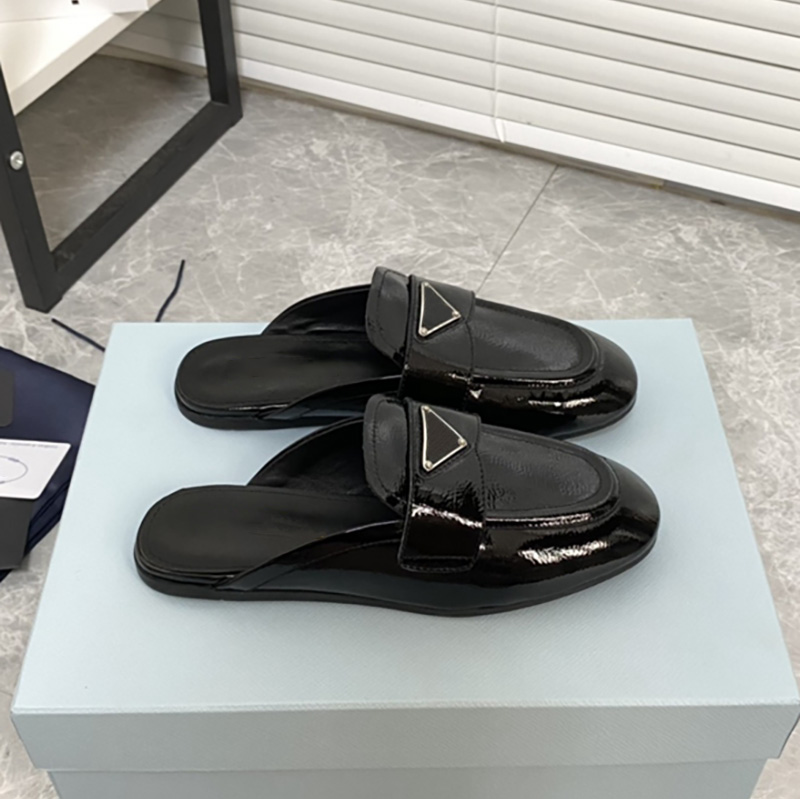 

Black Brushed Leather Mules Sandals Low-Heel Slides Heeled Loafers Mule Home Casual Fashion Rubber Monobloc Soles