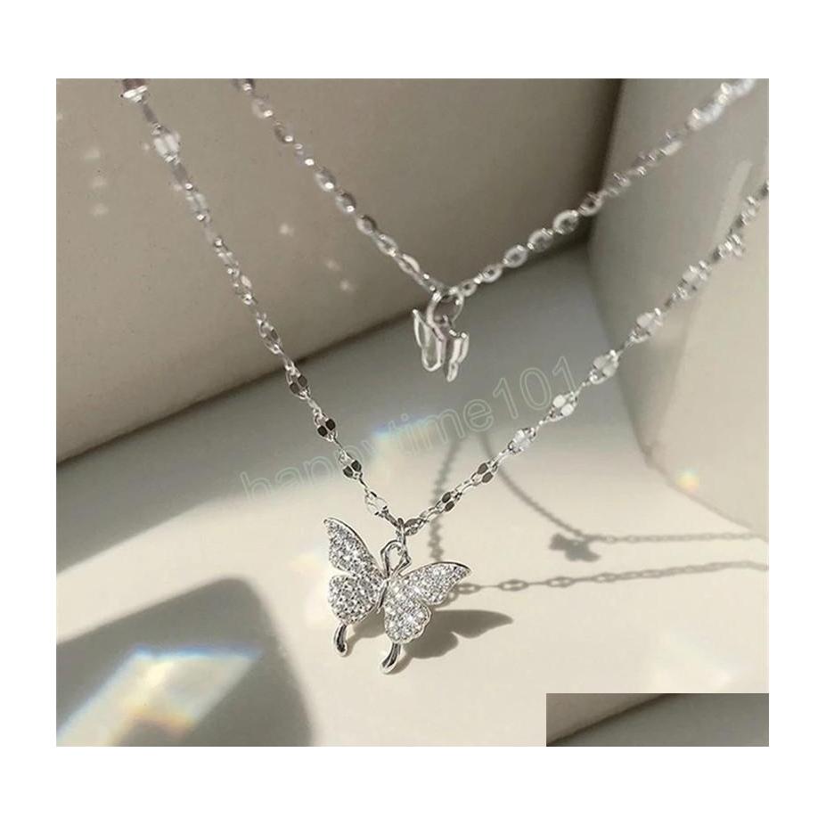

Pendant Necklaces Shiny Butterfly Necklace Female Exquisite Double Layer Pendant Clavicle Chain For Women Wedding Party Neck Jewelry Dhv2G