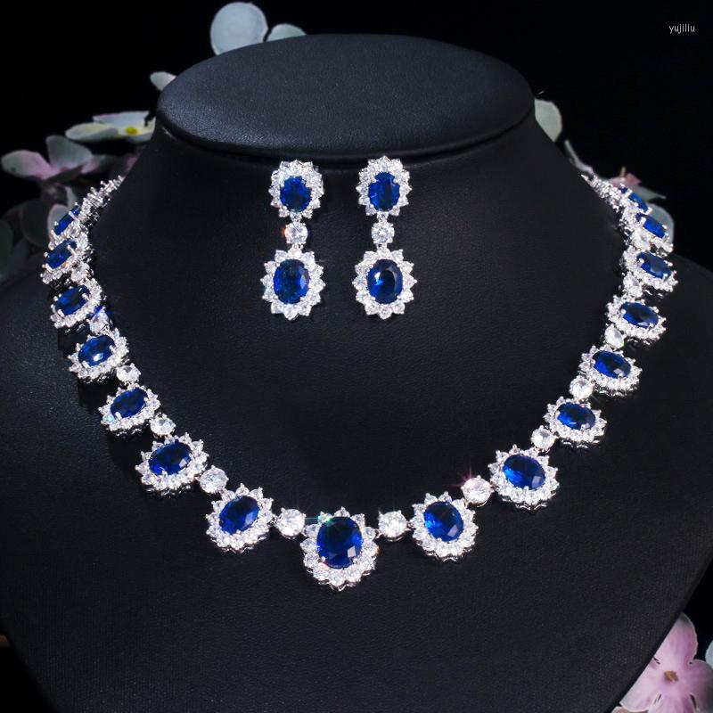 

Necklace Earrings Set CWWZircons Gorgeous Full CZ Stones Around Dark Blue Crystal Flower Party Wedding Dress For Women T159, Picture shown