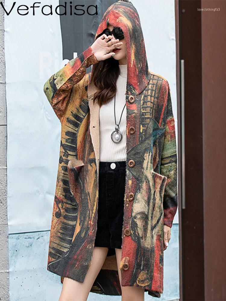 

Women's Sweaters Vefadisa Women Long Sleeves Hooded Knitted Sweater Loose Mid-length Printing Mink Fleece Cardigan Coat 2022 Autumn Winter, As shown in figure