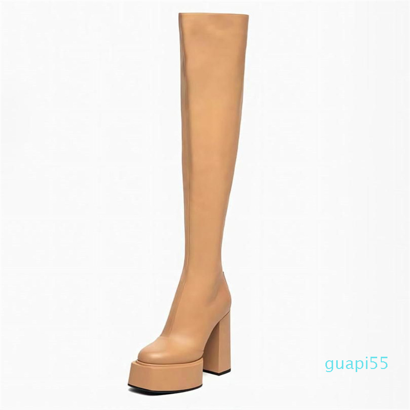

2022 Women039s boots Autumn and winter new European American fashion thick heel bottom zipper knee high boots4086925, Ggm&231-black pu