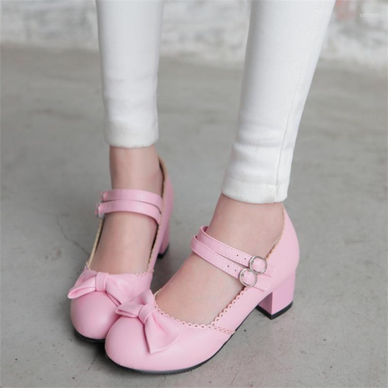 

Dress Shoes YQBTDL 2022 Women Mary Janes Pumps Double Belt Buckle 3.5cm Hoof Heels Sweet Bowtie Lolita Party Girl Pink, Beige