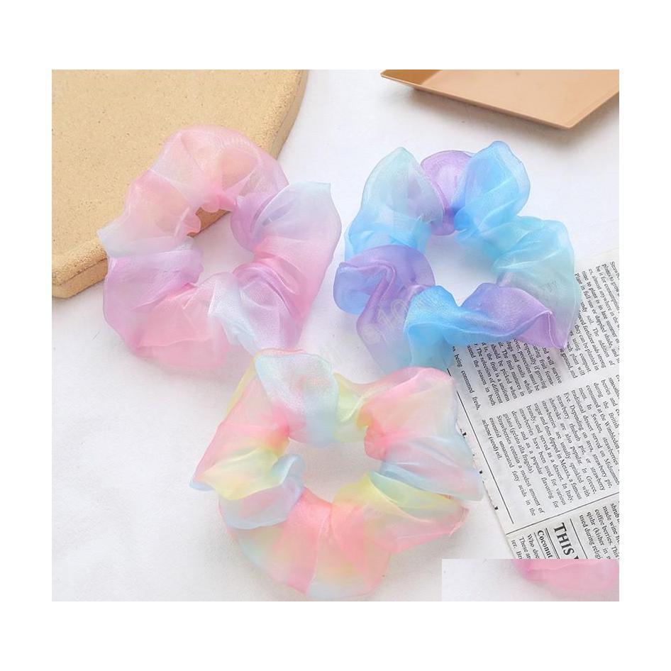 

Hair Rubber Bands Tle Organza Hair Scrunchies Elastic Bands Ponytail Holder Girl Net Yarn Hoop Transparent Rainbow Color Drop Delive Dhdhk