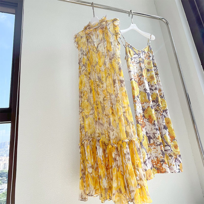 

Runway Dresses Dress 3D Lace Print Holiday Style Silk 2023 Early Spring New Classic Fashion Brand Elegant Dress, Yellow